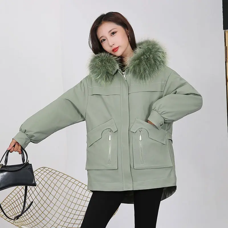 Pai Conquer Women's New Style Fur Raccoon Dog Fur Collar Rex Rabbit Fur Sleeves Full Length Medium Length Fur Coat