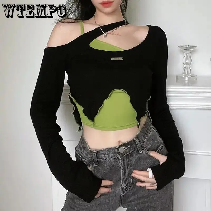 

WTEMPO Girl's Contrast Color Sexy Two-Piece Top Slim All-match Irregular Strapless Long Sleeve T-Shirt Women Spring Streetwear