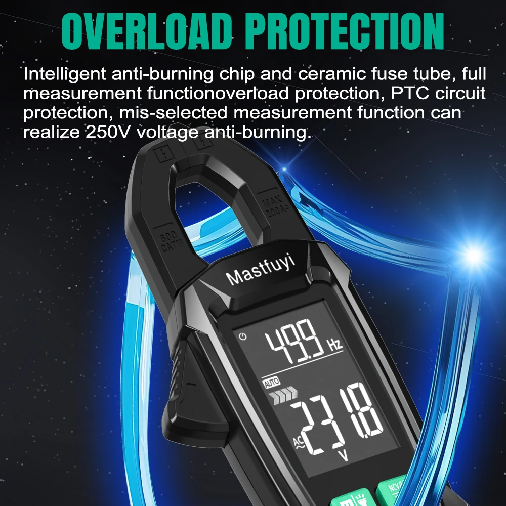 MASTFUYI Clamp Meter Digital Ampere Clamp Multimeter Electrician Tools AC/DC 9999 Counts True RMS Ohm Capacitance Measurement