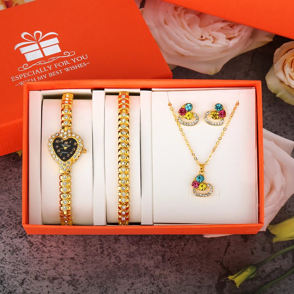 Luxury Elegant Watch for Women Earrings Necklace Jewellery Gift Set for Ladies Heart Rhinestone Quartz Wristwatch Reloj De Mujer