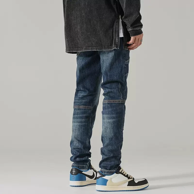 Streetwear Fashion Men Jeans Retro Blue Stretch Elastic Slim Fit Spliced Biker Jeans Men Patched Designer Hip Hop Pants Hombre