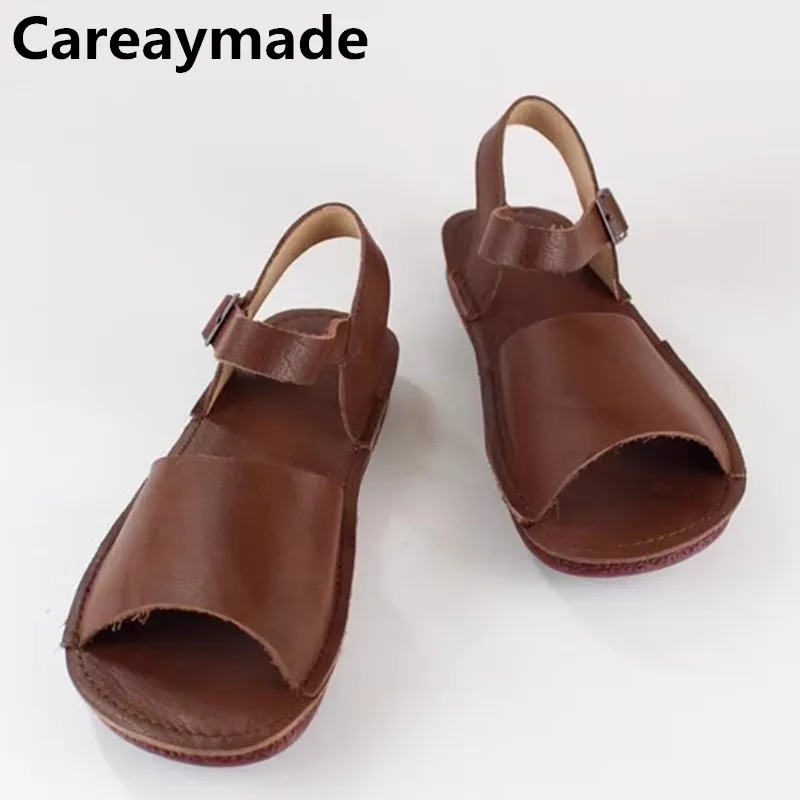Careaymade-Head Layer Cowskin Sandals Summer Handmade Dermis Fishmouth Retro Women's Literary Shoes Women's Flat-soled Shoes