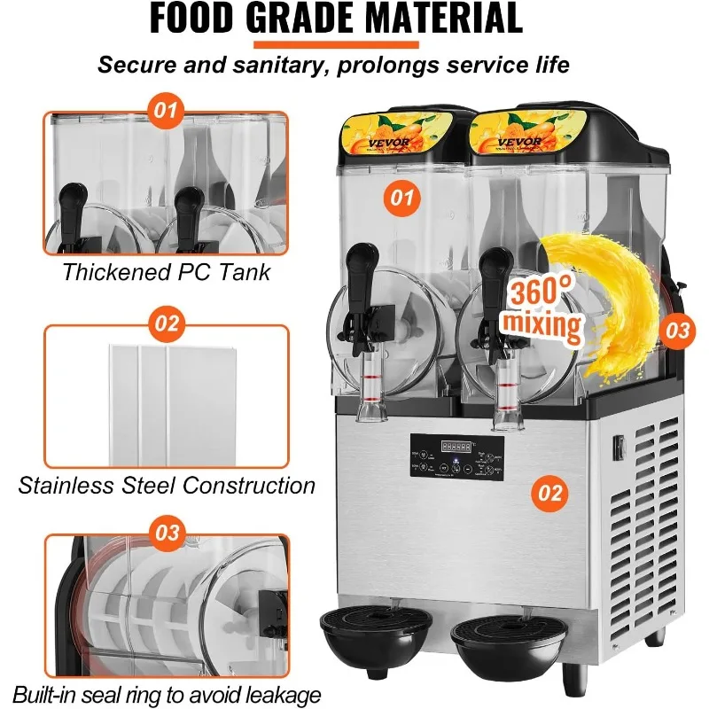 VEVOR Commercial Slushy Machine 24L/6.4Gal Double Bowl 100 Cup Margarita Machine, 640W Stainless Steel Margarita Smoothie Frozen 4