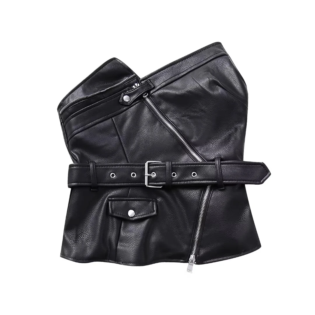 

TRAF Black Leather Crop Tops For Woman 2023 Sexy Corset Top Women Asymmetric Off Shoulder Neck Tanks Female Belt Aesthetic Tops