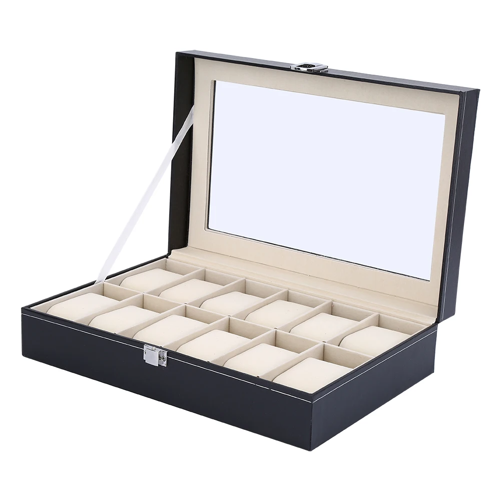 

12 Grids Watch Storage Box PU Leather Watch Display Case Jewellery Box Organizer Bracelet Tray Holder Black