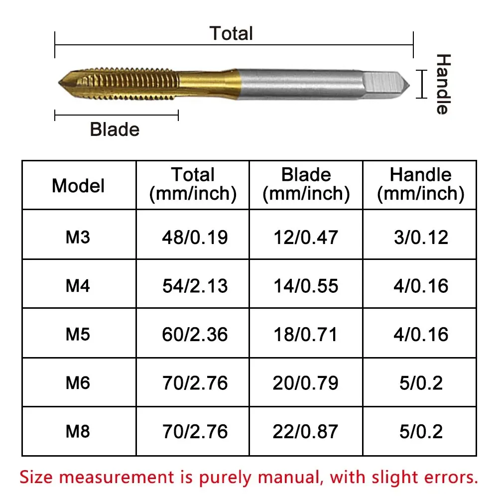 HSS Tap Set 1/5/7pcs Hand Thread Screw Taps M3 M4 M5 M6 M8 High Hardness Titanium Coated Threading Tools for Metalworking