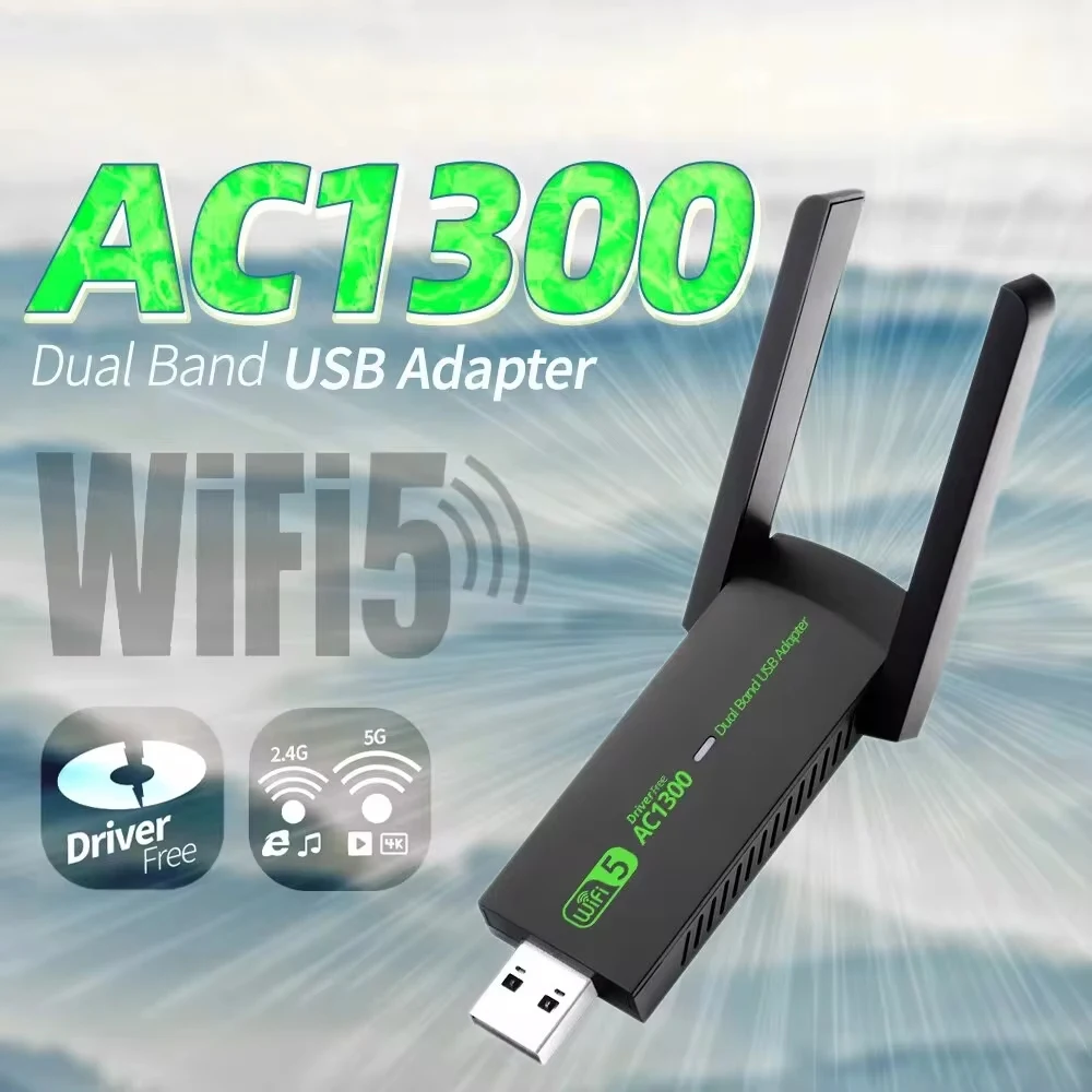 WiFi USB Adapter 1300Mbps Dual Band 2.4G/5Ghz Wi-Fi Dongle 802.11AC Powerful Antenna For PC/Laptop Driver Free