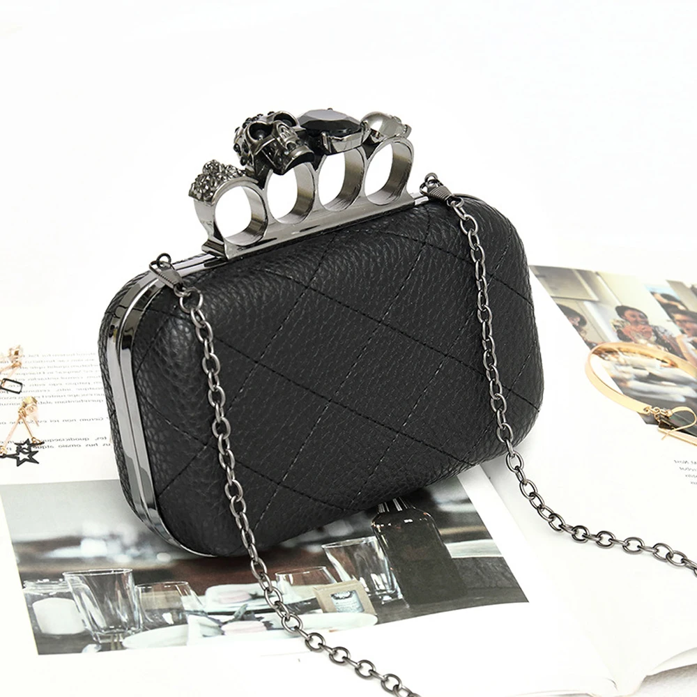 Fashion Women Handbag Pu Leather Clutch Bag Skull Finger Bag Diamond Evening Leather Crossbody with Chain women handbag