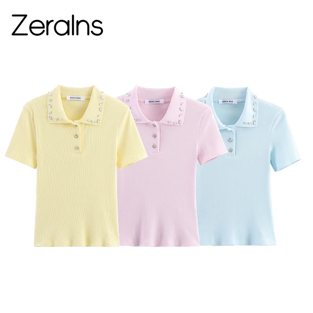 ZERAINS 2025 autumn new women's clothing sweet and fashionable jewelry collar ribbed polo shirt knitted T-shirt