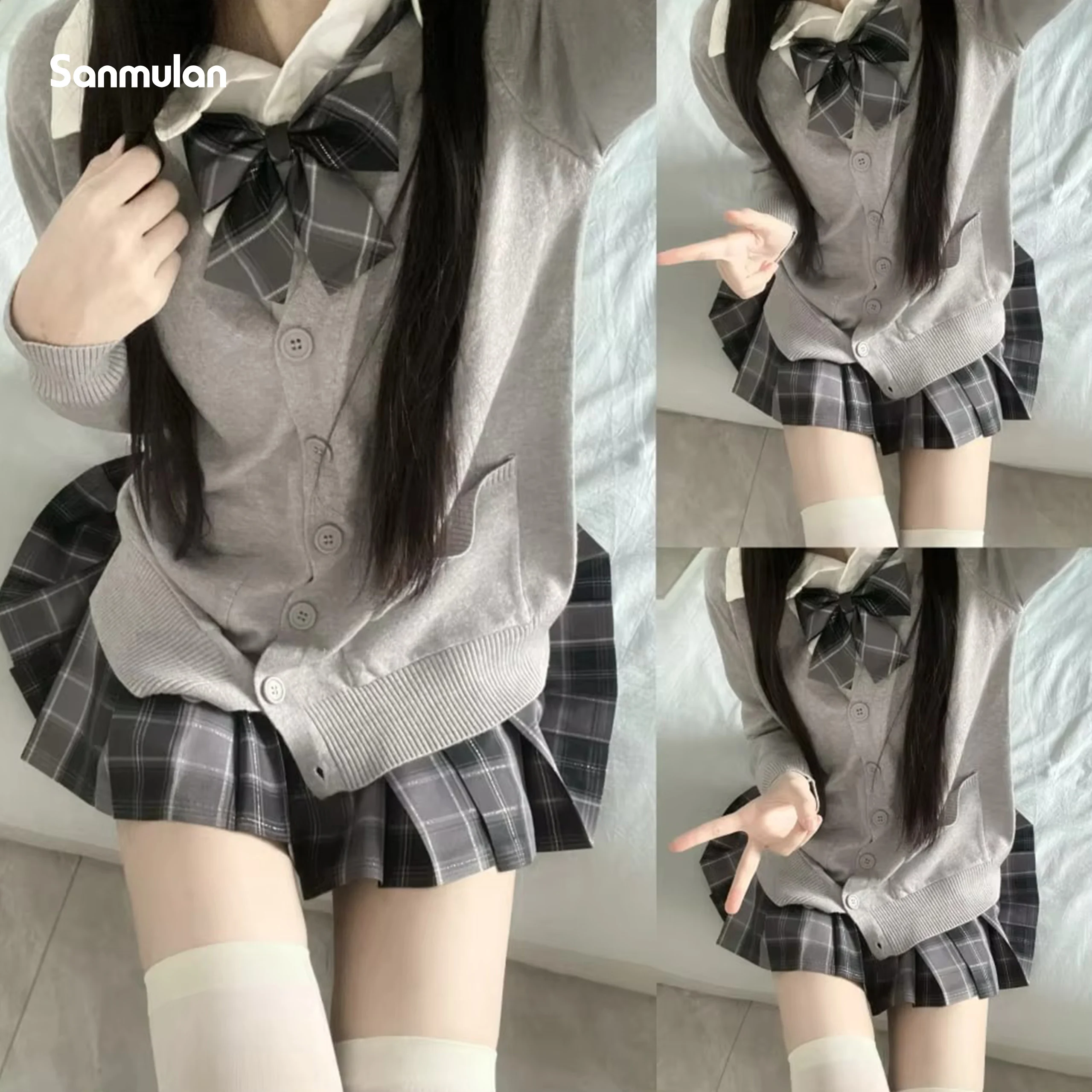 Japanese school uniform 3Pc set japanese korean school uniforms multicolor sweater plaid pleat skirt bow jk uniform suit graduation costumes for women