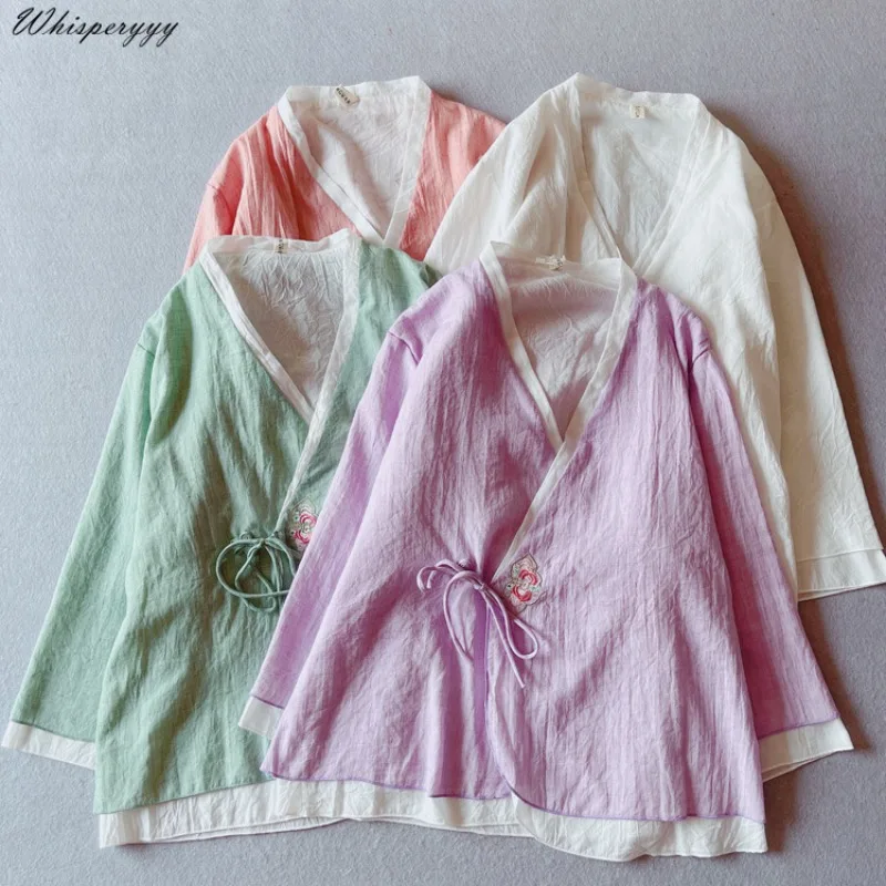 

Рубашка из хлопка и льна с вышивкой, на шнуровке, двухслойный кардиган для женщин, весна-осень, новинка, китайский стиль, ретро, топ ханьфу, блузка