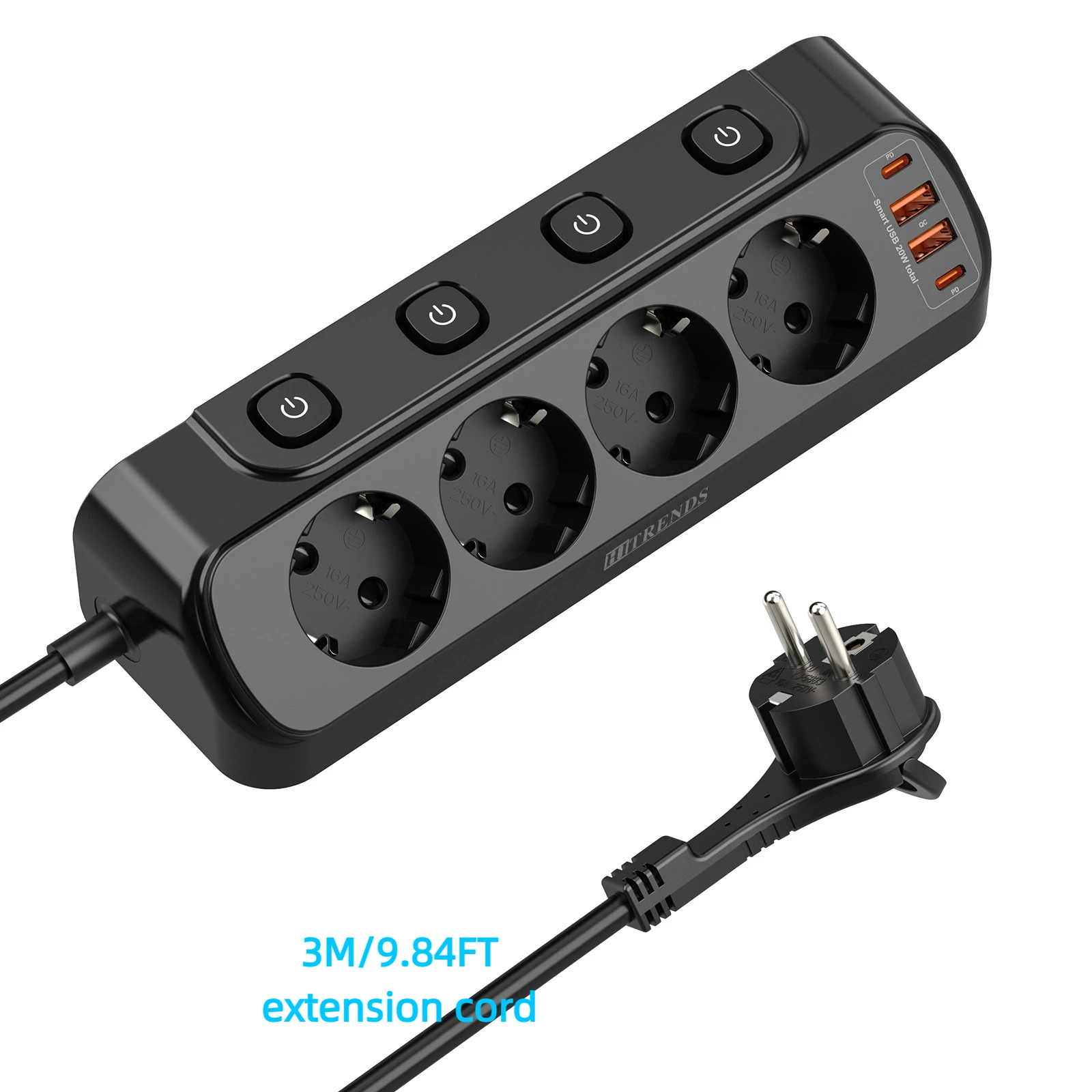 EU Plug Multi-Function Power Board with Fast Charging Ports and Extension Cord - White
