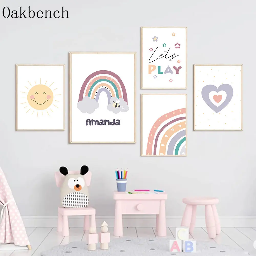 

Name Custom Canvas Painting Rainbow Painting Poster Cloud Love Heart Print Pictures Nursery Wall Posters Kids Girls Room Decor