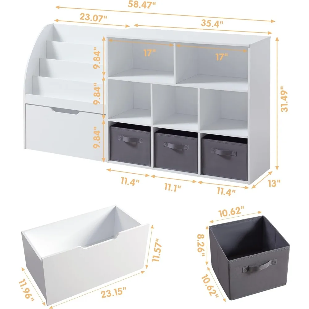 58.5'' Kids Bookshelf Toy Storage Organizer with Movable Drawer & Bins, White Playroom Bedroom Furniture