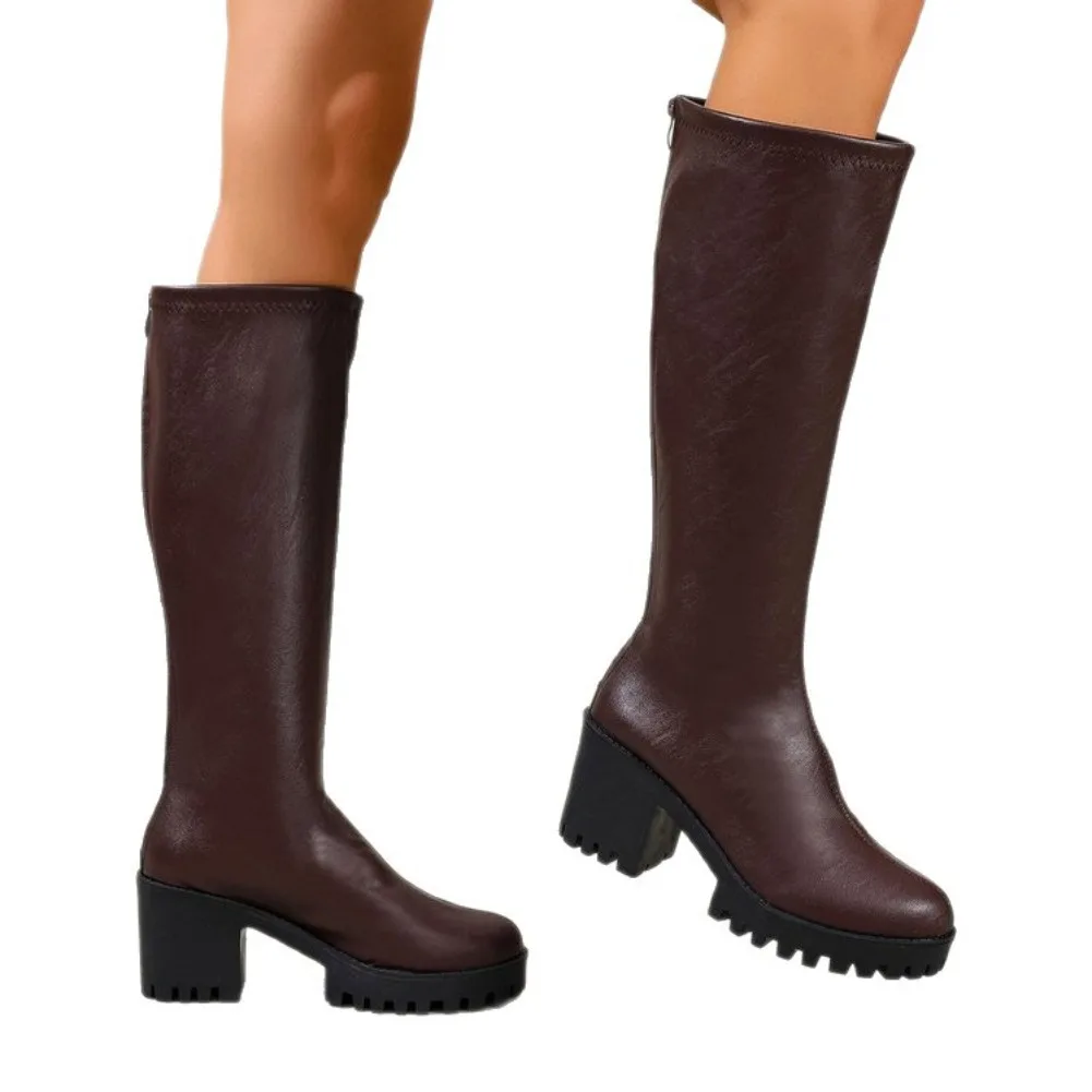 Autumn and Winter New Round Head Thick Sole Retro Heightening Mid-calf Boots with Velvet Warm and Comfortable Fashion Show Boots