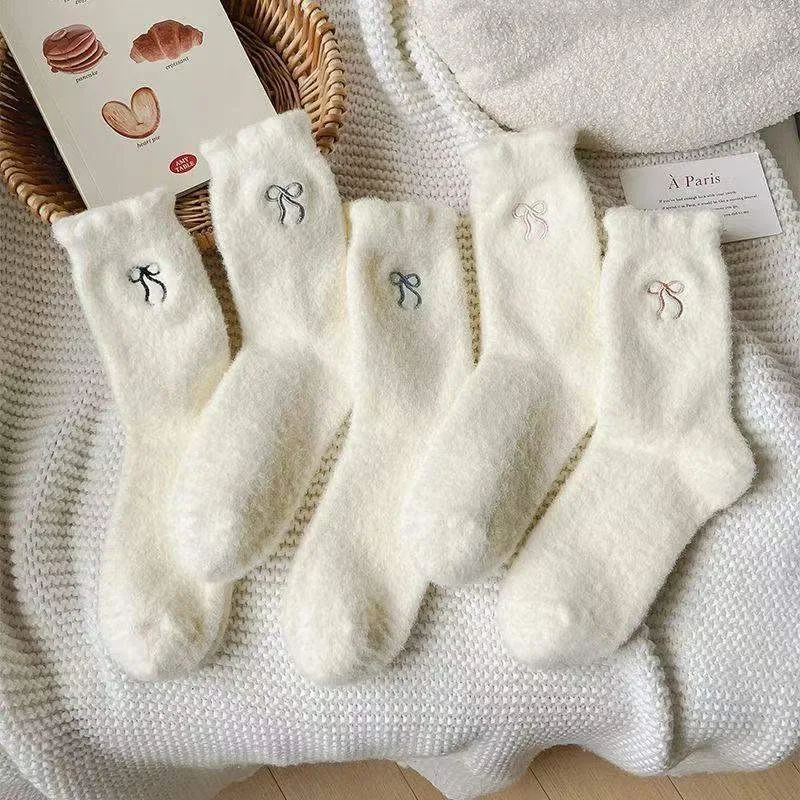 Cozy Mink Velvet Bow Plush Socks - Warm Fluffy Hosiery