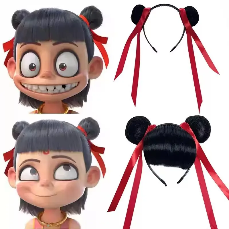 Nezha cosplay wig headband double bun hair accessory children's performance bangs headband hair clip