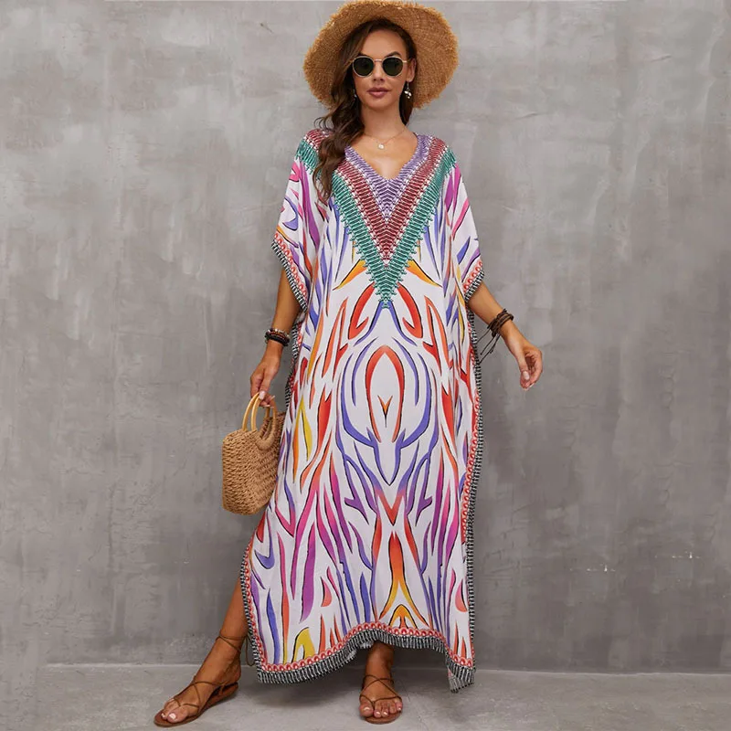 18 Styles Boho Printed Long Kaftan Women Summer Clothes Sexy Short Sleeve Maxi Dress Beach Wear Swim Suit Bikini Cover Up