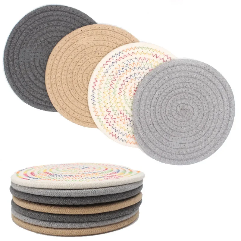 

4pcs Round Coaster Set Placemats for Dining Table Mat Coasters Heat-Resistant Anti-Skid Cotton Woven Linen Kitchen Accessories