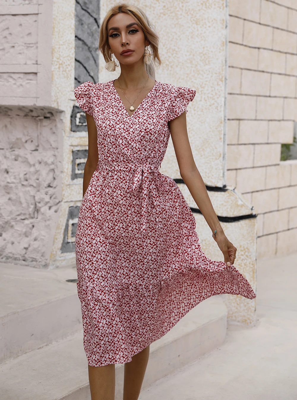

V-neck Long Dress with Short Sleeves and Floral Pattern Women & Ladies Summer Casual Waist Mid Skirt One Piece Dresses D22003