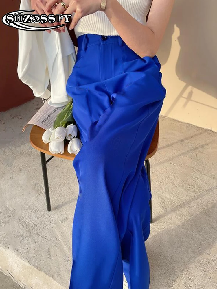 

Suit Pants Woman Blue High Waist Wide Leg Pants Women Casual Spring Summer Women Pants Office Fashion Loose Suit Trousers Women