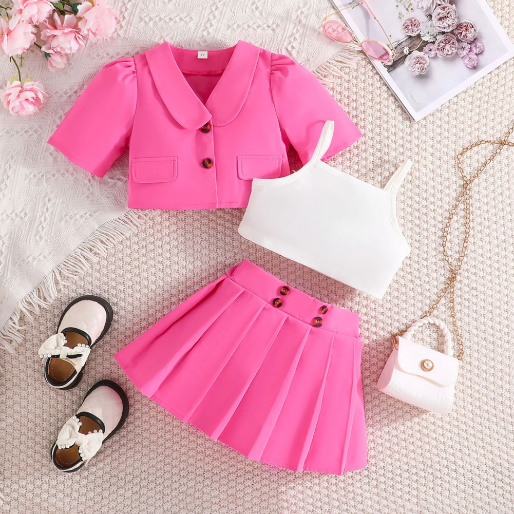 

3pcs Girls Outfits Set Summer Casual Short Sleeves Jacket Spaghetti Strap Crop Tank Tops Pleated Skirt Set
