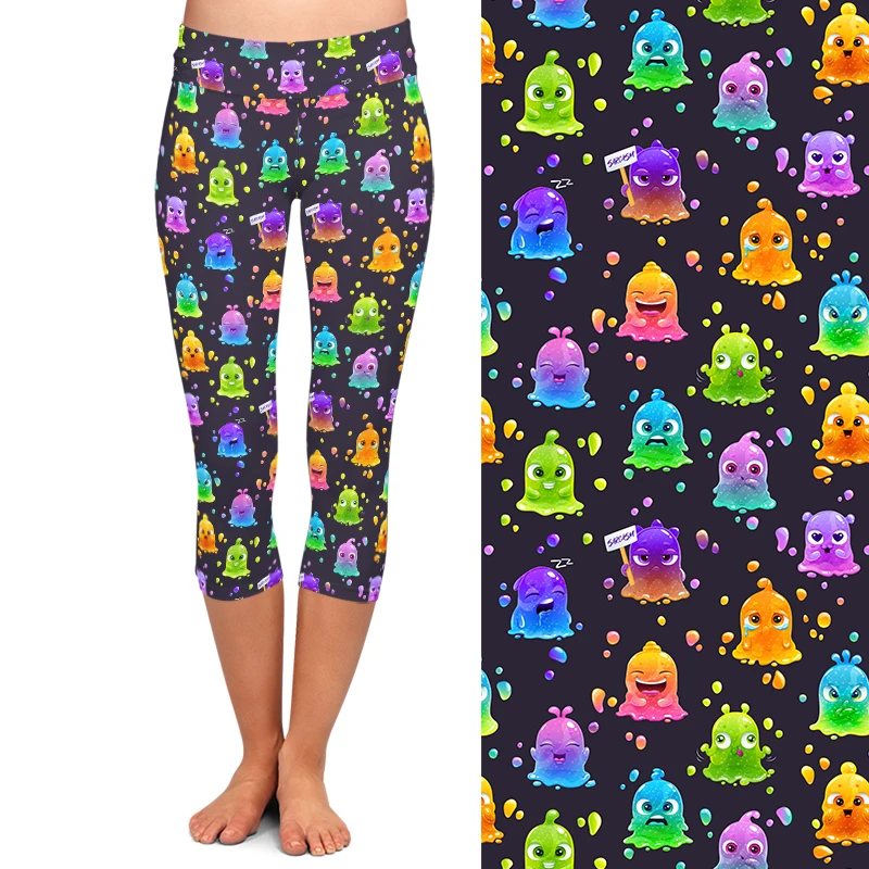 LETSFIND New Capri Print Cute Cartoon Colorful Slime Monsters Women Leggings High Quality Fitness Pants