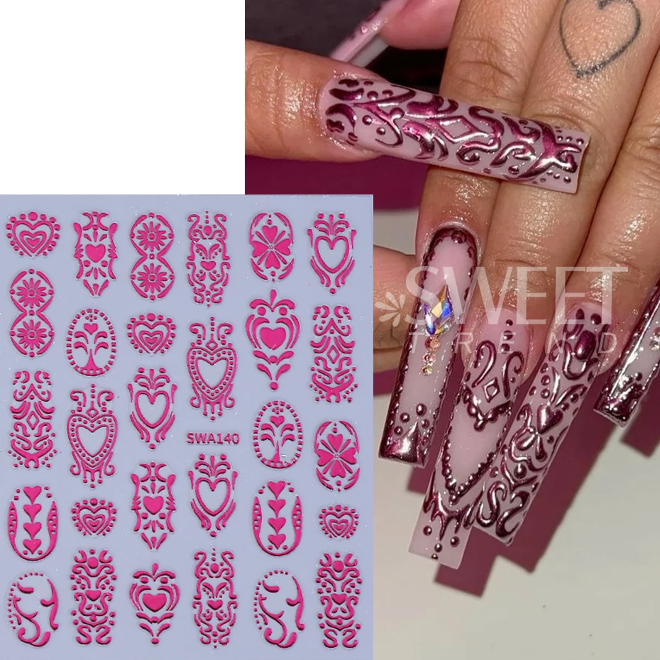 3pcs Bohemian Nail Stickers Metal Retro Patterned Heart Totem Self-adhesive Nail Decals DIY Luxury Manicure Sliders Decoration