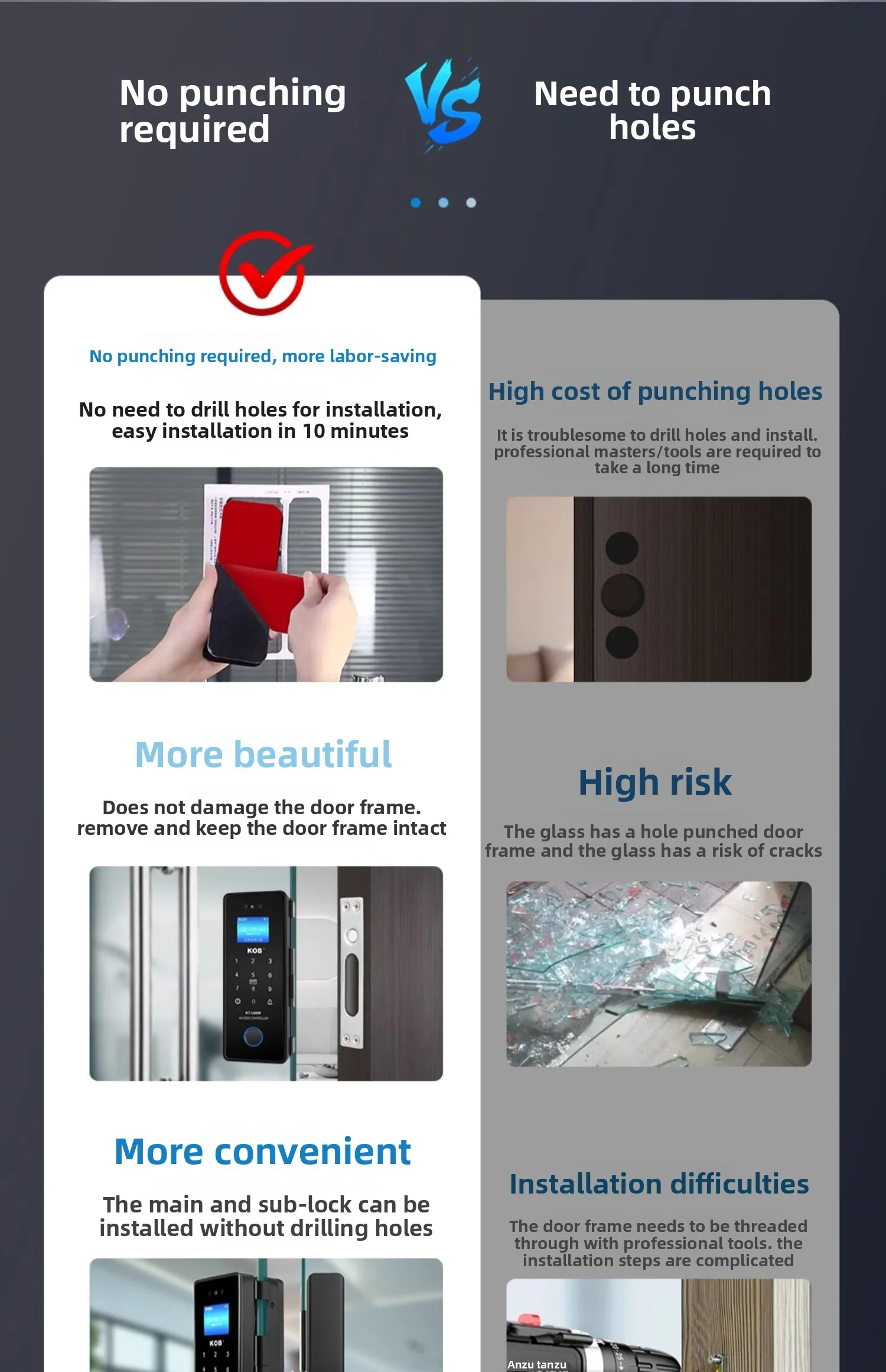 glass door fingerprint lock without opening holes Framed sliding door Intelligen