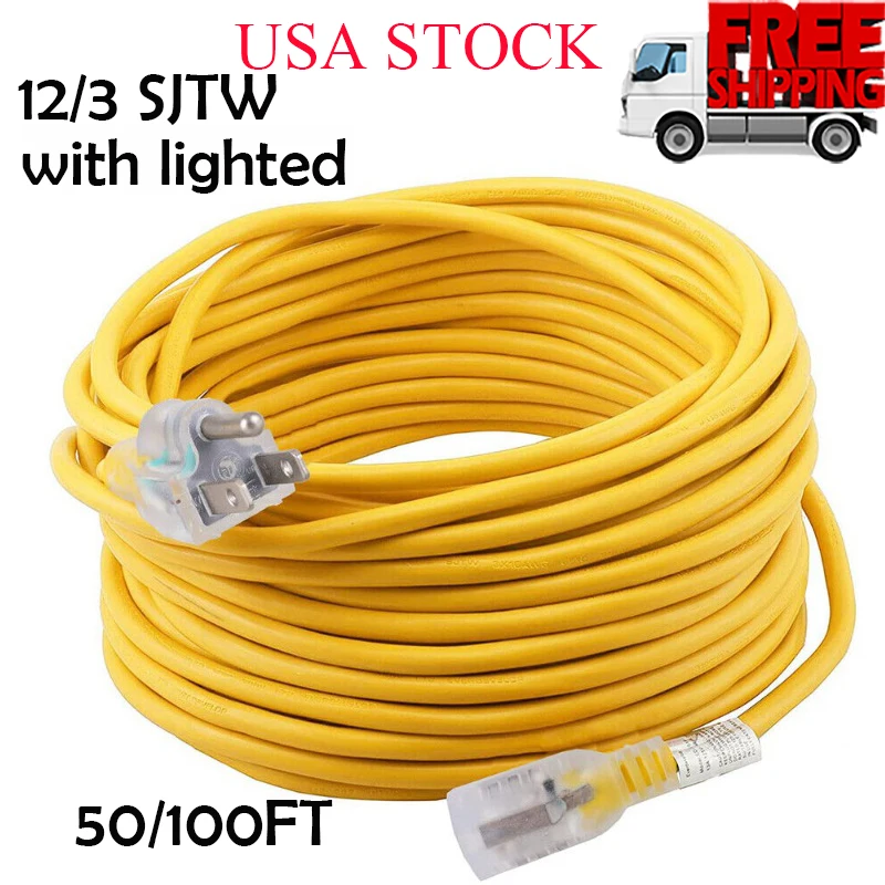 

50/100FT Electric Extension Power Cord LED Lighted 3-prong Plug 12/3 STJW Yellow Outdoor Heavy Duty Copper Wires Socket Cable