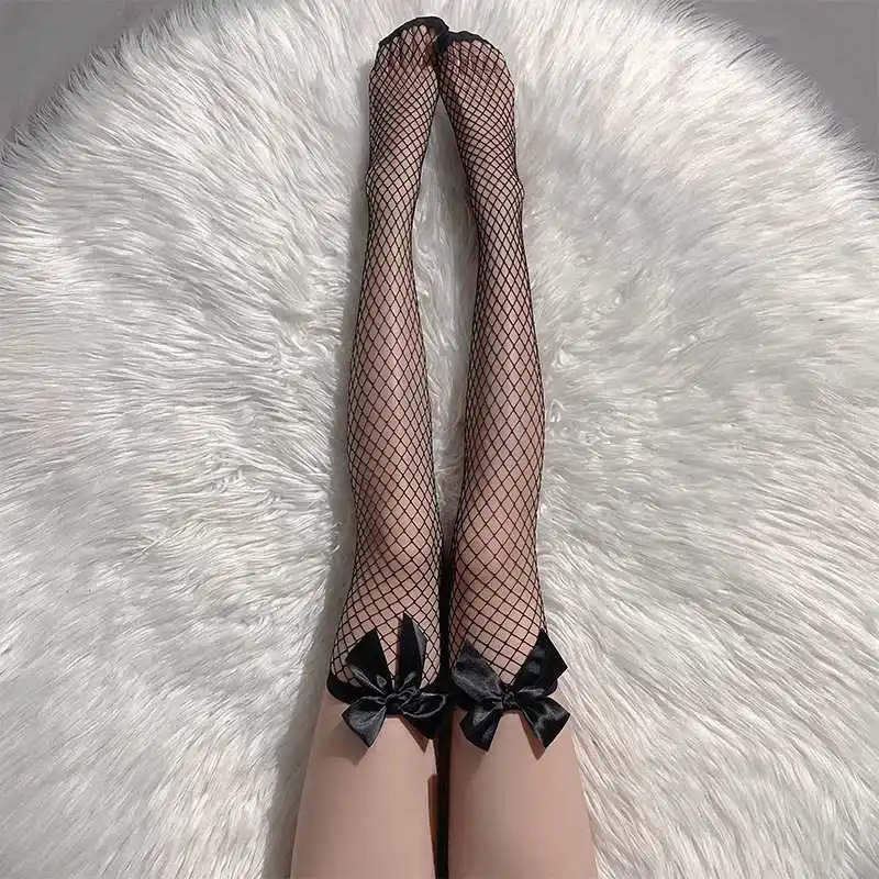 

Sexy Black White Bow Mesh Socks Fishing Net Long Socks Women Thigh High Over The Knee Stockings Lolita Ladies Girls Net Socks W7