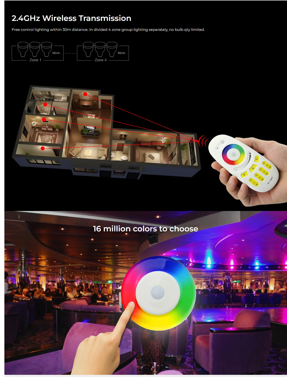 Description Picture 3 of itemMiboxer FUT096 2.4GHzRF 4 Zone Wireless Dimmer Switch Touch Remote for LED Strip Smart RGB/RGBW Bulb/Lamp/Panel/Controller