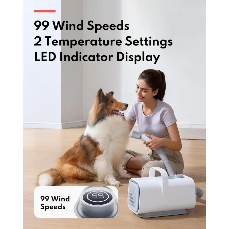 HomeRunPet Ultra Quiet Dog Blow Dryer High-Velocity Hair Dryer with 99 Speed 3 Temperature Settings, 6.5ft Long Hose LED Display