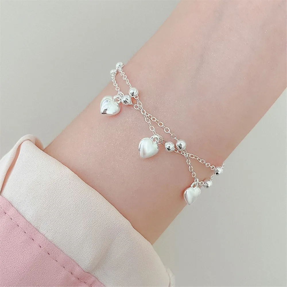 Silver Color Double Layer Love Heart Beads Chain Chain Bracelet for Womem Trendy Cute Peach Bracelet Party Jewelry Gifts