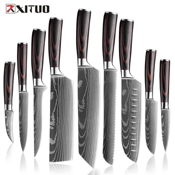 Set di coltelli da cucina professionale 1-9 pezzi, coltello da cuoco affilato coltello Santoku coltello da frutta 7 cr17mov manico ergonomico in legno in acciaio inossidabile 1