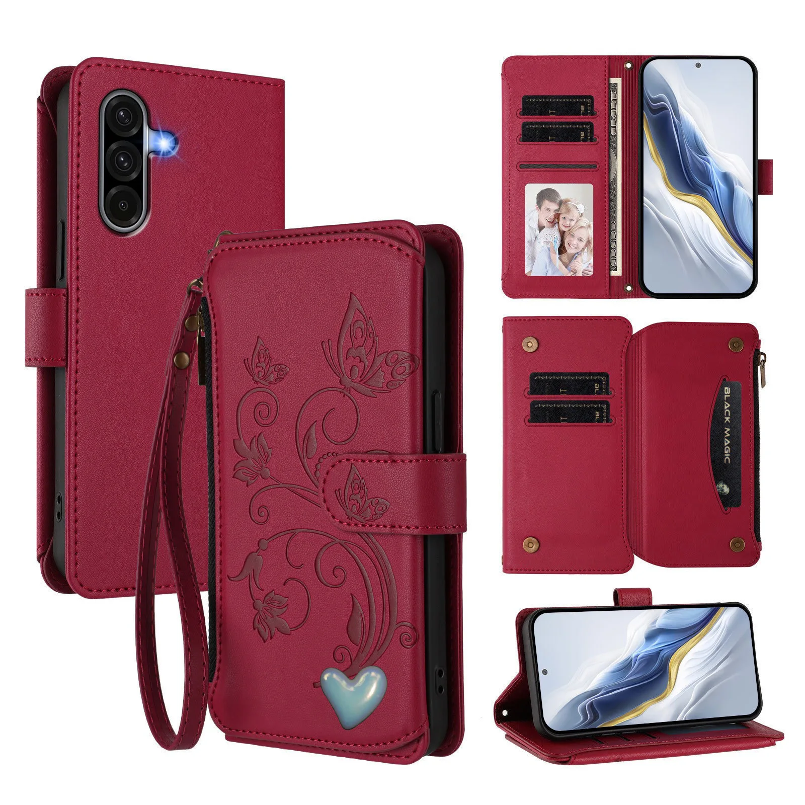 Elegant Crossbody Lanyard Flip Case Leather Wallet Cover with 5 Card Slots