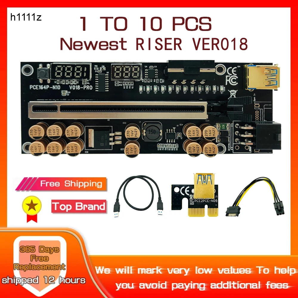 

1-10PCS Riser 018 Pro PCIE Riser for Video Card Riser PCI Express X16 Extender USB3.0 Cable 6Pin 4Pin Power for BTC Miner Mining