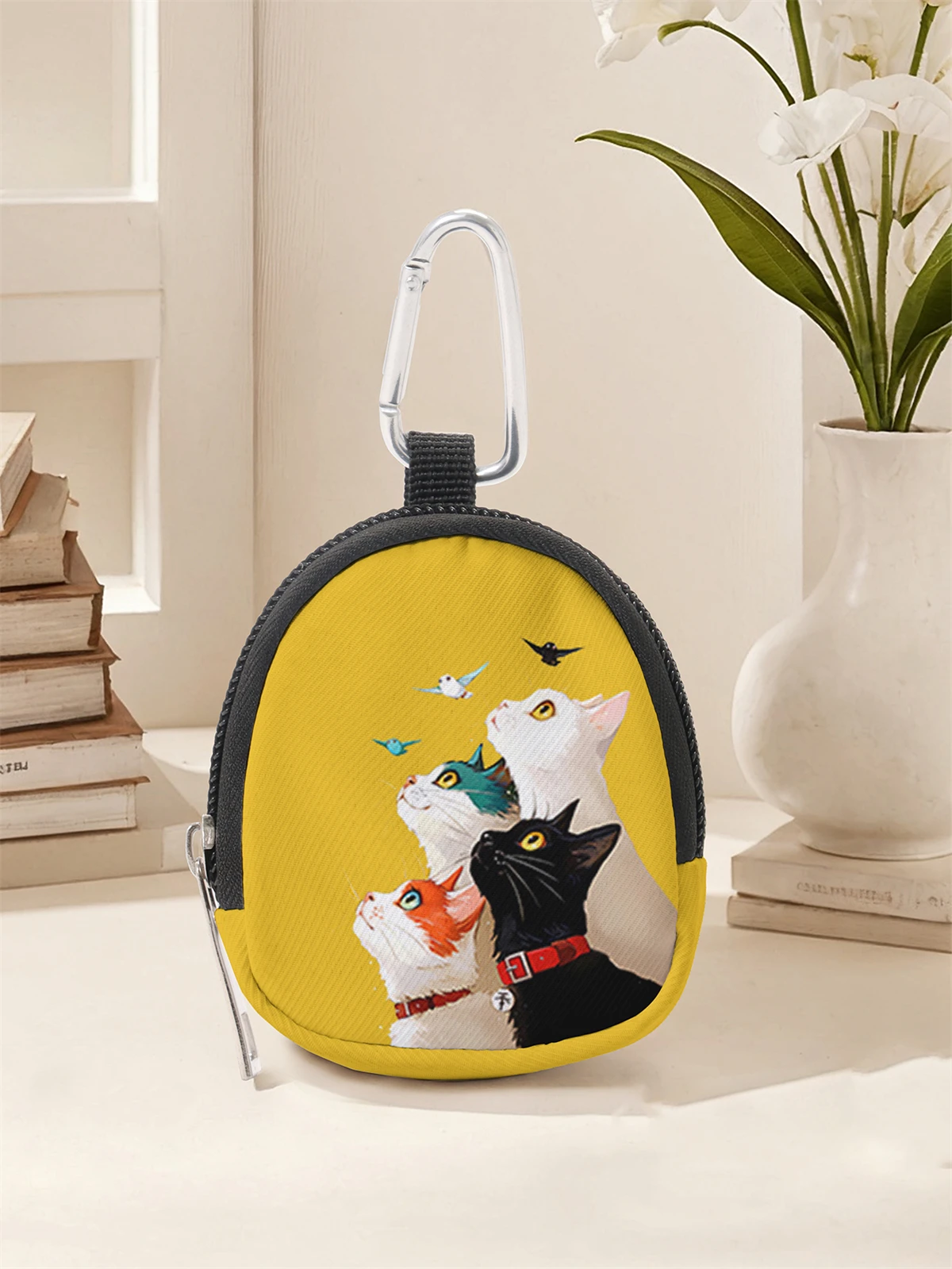 Cat pattern printed mini wallet, zipper change bag with hook clip, headphone key bag, suitable for men and women