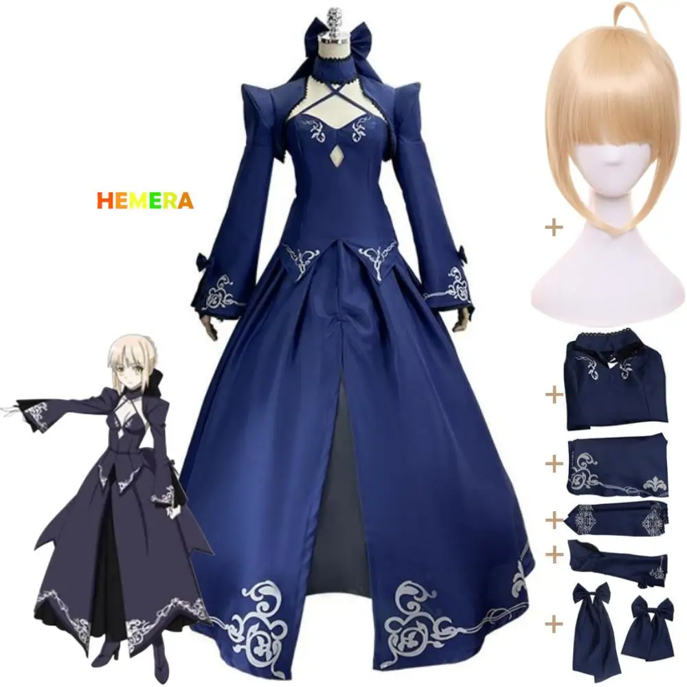 

Anime Fate/Stay Night Altria Pendragon Saber Alter Lily Cosplay Costume Wig Pannier Black Dress Swordsman Uniform Halloween Suit