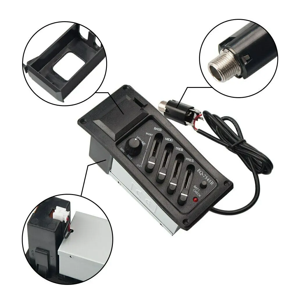 4 Band Acoutic Guitar Preamp Amplifier EQ Piezo Pickup Pre-Amp Unit Acoustic Guitar EQ-7545R Pickup 6.5MM Output