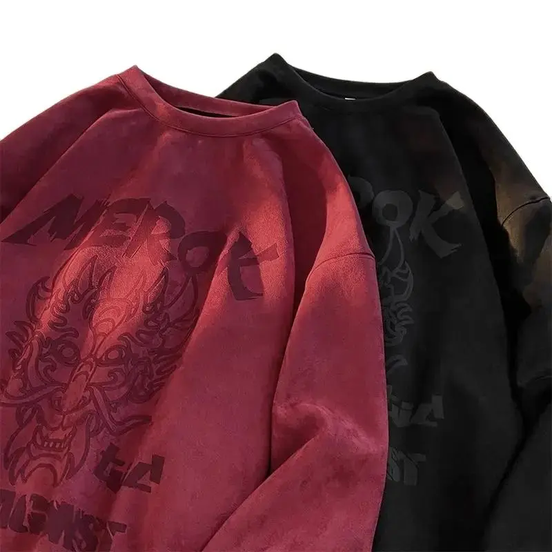 Dragon Graphic Sweatshirt Men Harajuku Hoodies O-Neck Long Sleeve Tops Suede Fabric Mens Women Pullovers Streetwear Unisex