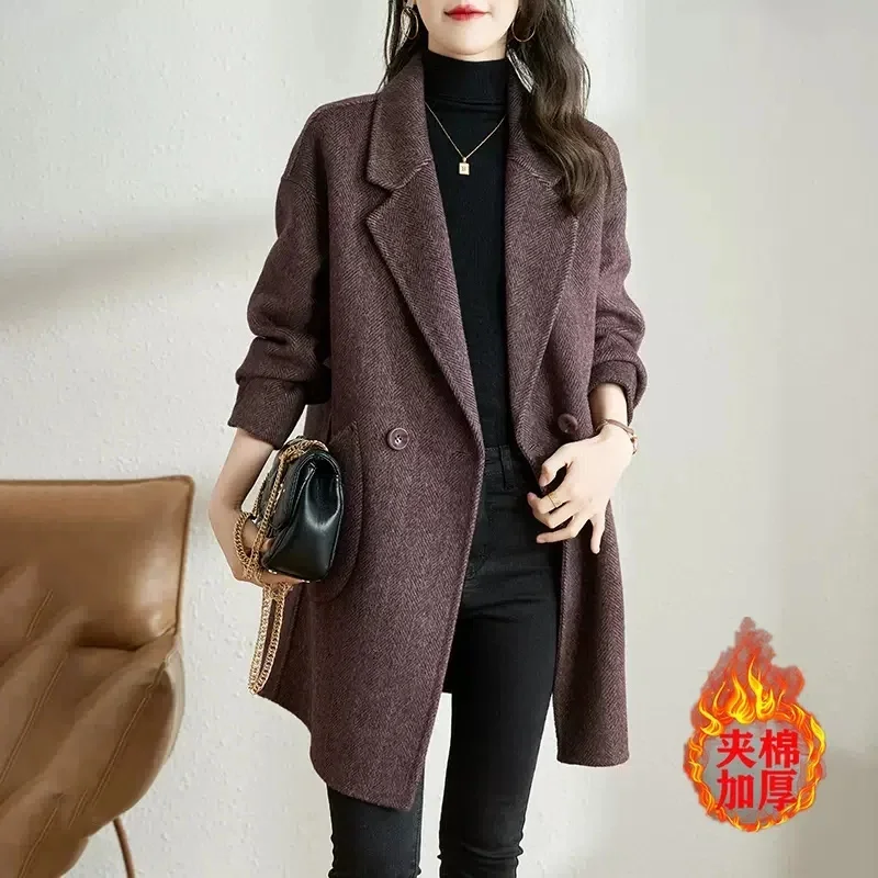 Woolen Jacket Women's 2024 Autumn Winter New Korean Style Temperament Thickened Medium and Long Herringbone Pattern Woolen Coat women s medium length skirt elegant style 2024 spring summer slim round neck solid color temperament fashion large hem dresses