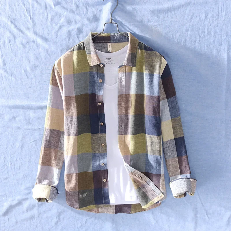 Cotton Linen Casual Plaid Shirts for Men Long Sleeve Tops Male Loose Turn-down Collar Fashion cotton shirt,long sleeve shirt,men casual shirt