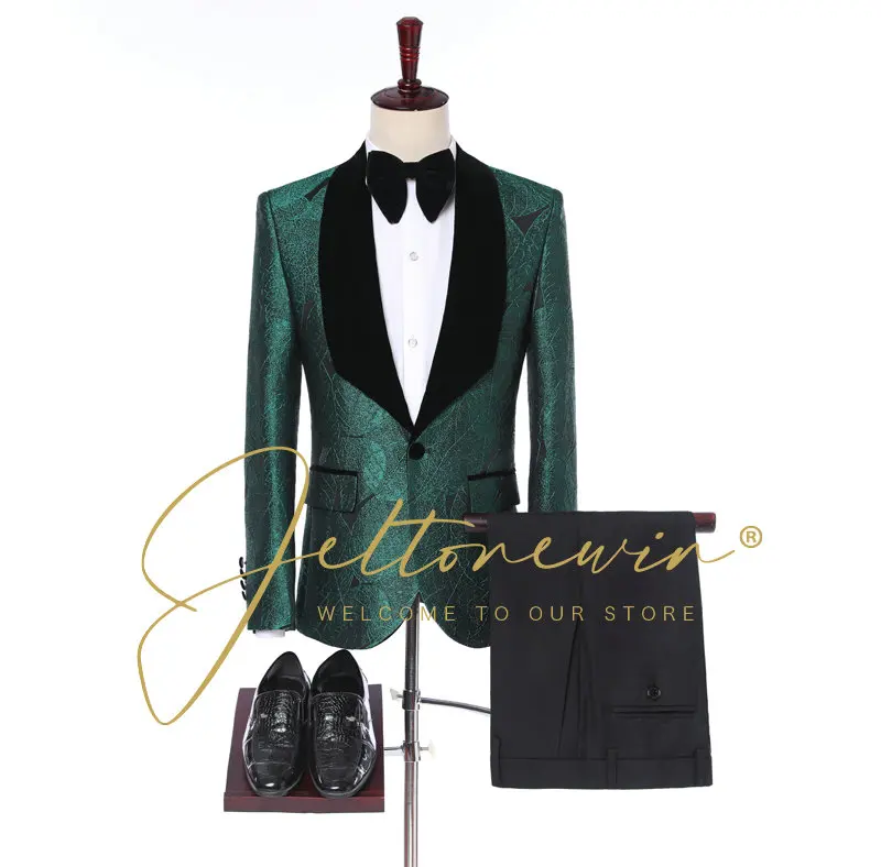 

2Pcs Men Suits Set Jacquard Wedding Tuxedo Blazer Pants Costumes Hommes Groom Formal Custom Made Male Wear Suits For Men