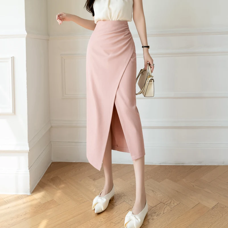 {READY-STOCK} Korea Pink Double Slit Curved Skirt (PINK)