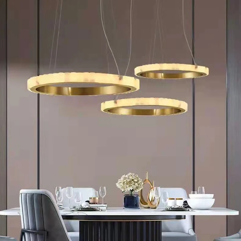 

Copper Natural Marble Chandelier Round Gold Ring Dining Room Foyer Lighting Fixtures Height Adjustable Home Deco