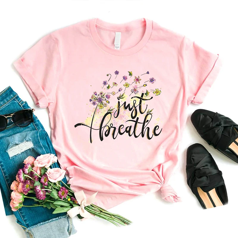 Aquarell Just Breathe Grafik bedrucktes T-Shirt Mädchen Glaube Blumen T-Shirt Damenbekleidung Sommermode T-Shirt weiblich – Detail 6