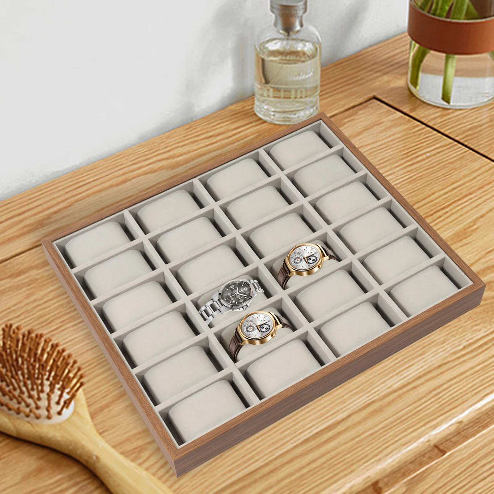 24-Compartment Wooden Watch Organizer Display Box with Walnut Grain Finish and Soft Fla... - SKU WODB1103 - UGI Packaging