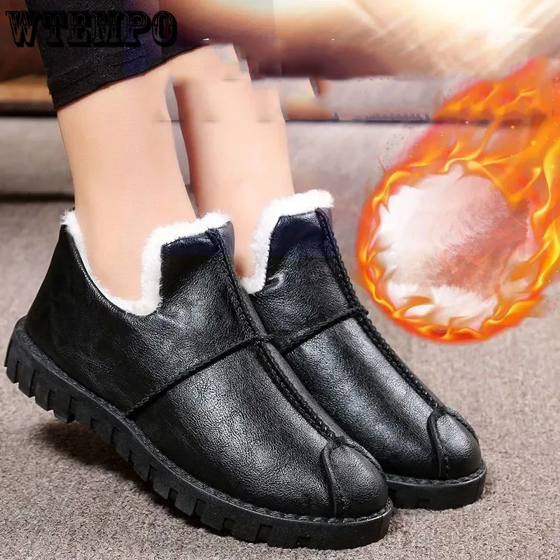 

Black Plush Leather Boots PU Leather Women Snow Boots Simple Casual Round Toe Shallow Slip-on Antiskid Waterproof Fall Winter