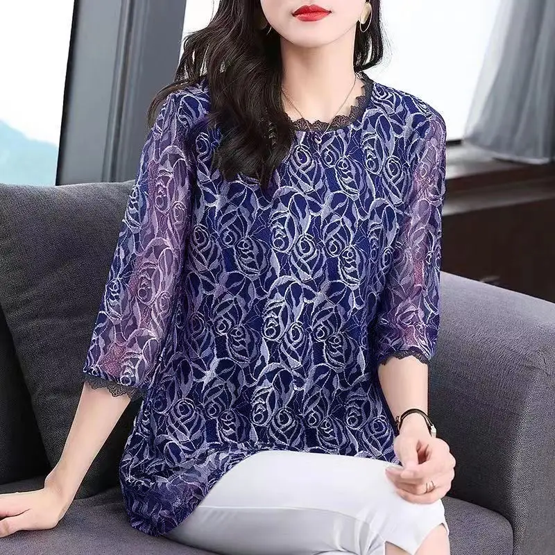 Vintage Elegant Fashion Floral Print Lace Patchwork Tunic Tops Blouses for Women Sexy Sheer Mesh O Neck Loose 3/4 Sleeve Shirts